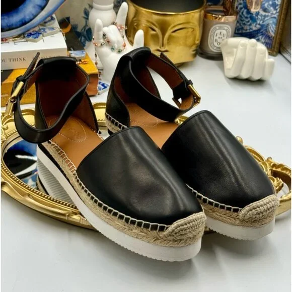 🆕 SEE BY CHLOE 🧿 NWOB Glyn Black Leather Espadrille Sandals - EU 37 - Picture 9 of 16